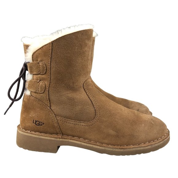 UGG Women's Size 6 Naiyah Brown Leather Suede Shearling Lined Lace-Up Boots - Picture 1 of 14